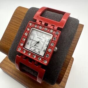 Versales Ladies Red Square Quartz Watch Crystal Bezel Wide Bracelet Japan Movt
